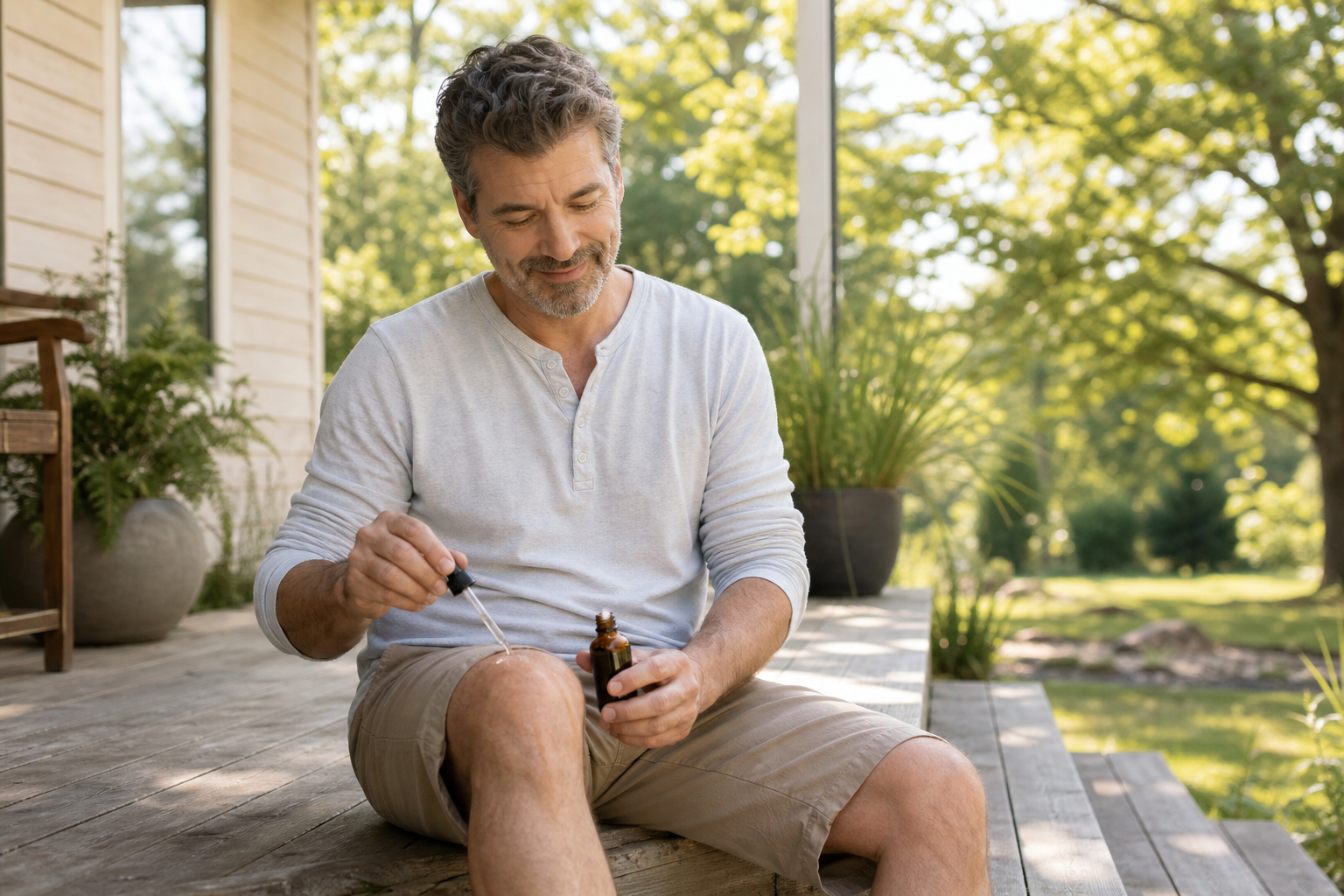 Man applies CBD oil to knee outdoors, CBD bottle visible.
