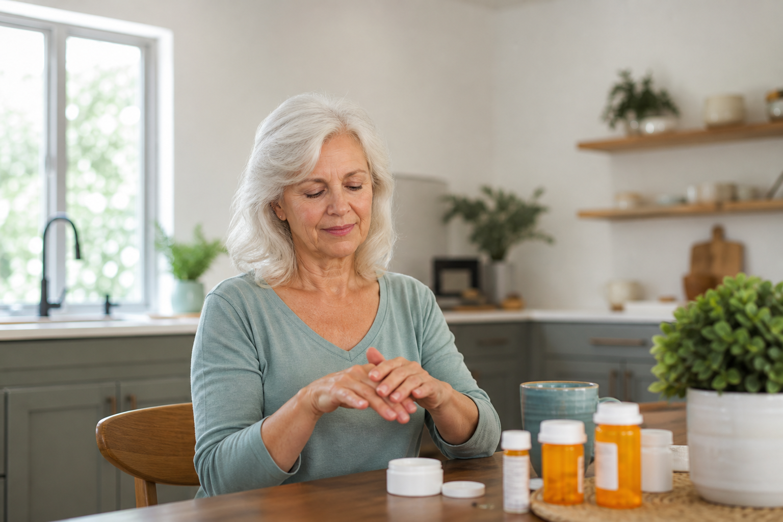 Senior woman uses CBD lotion for joint pain at kitchen table.