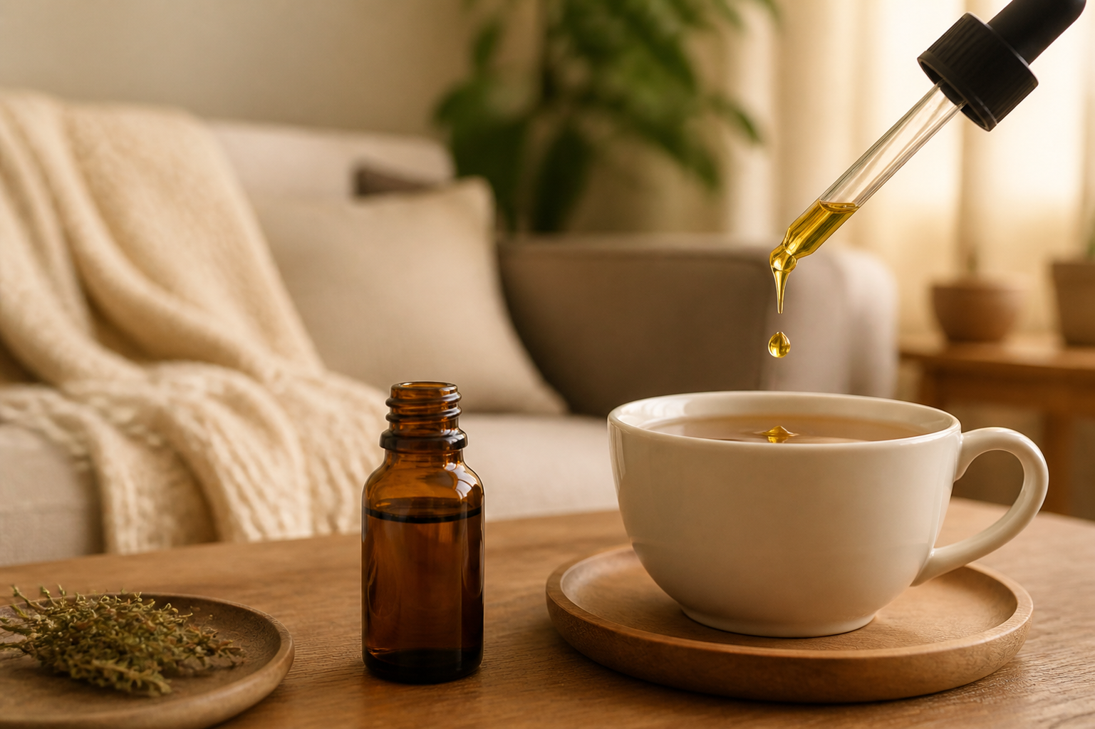 CBD oil dropper adds oil to tea for joint pain relief, home setting.