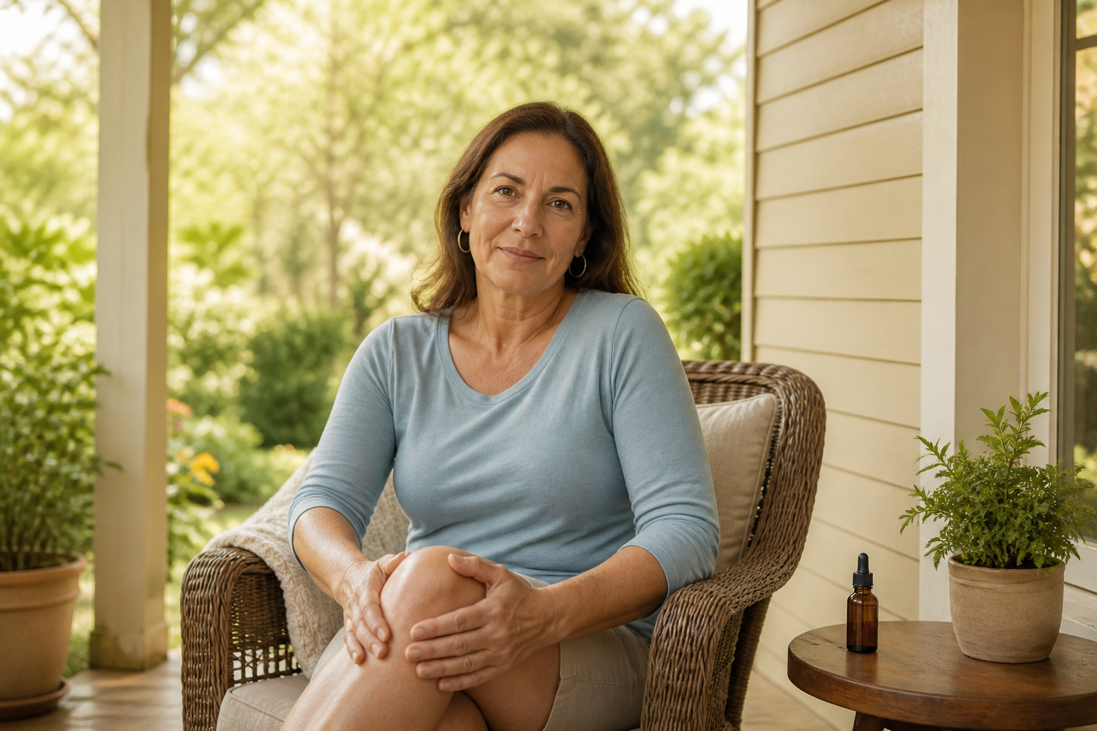Woman on porch massaging knee with CBD oil bottle beside her.