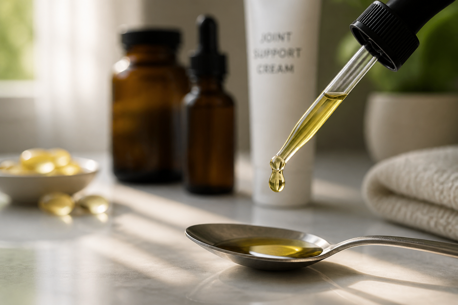 Dropper dispensing CBD oil into spoon with supplements in background.