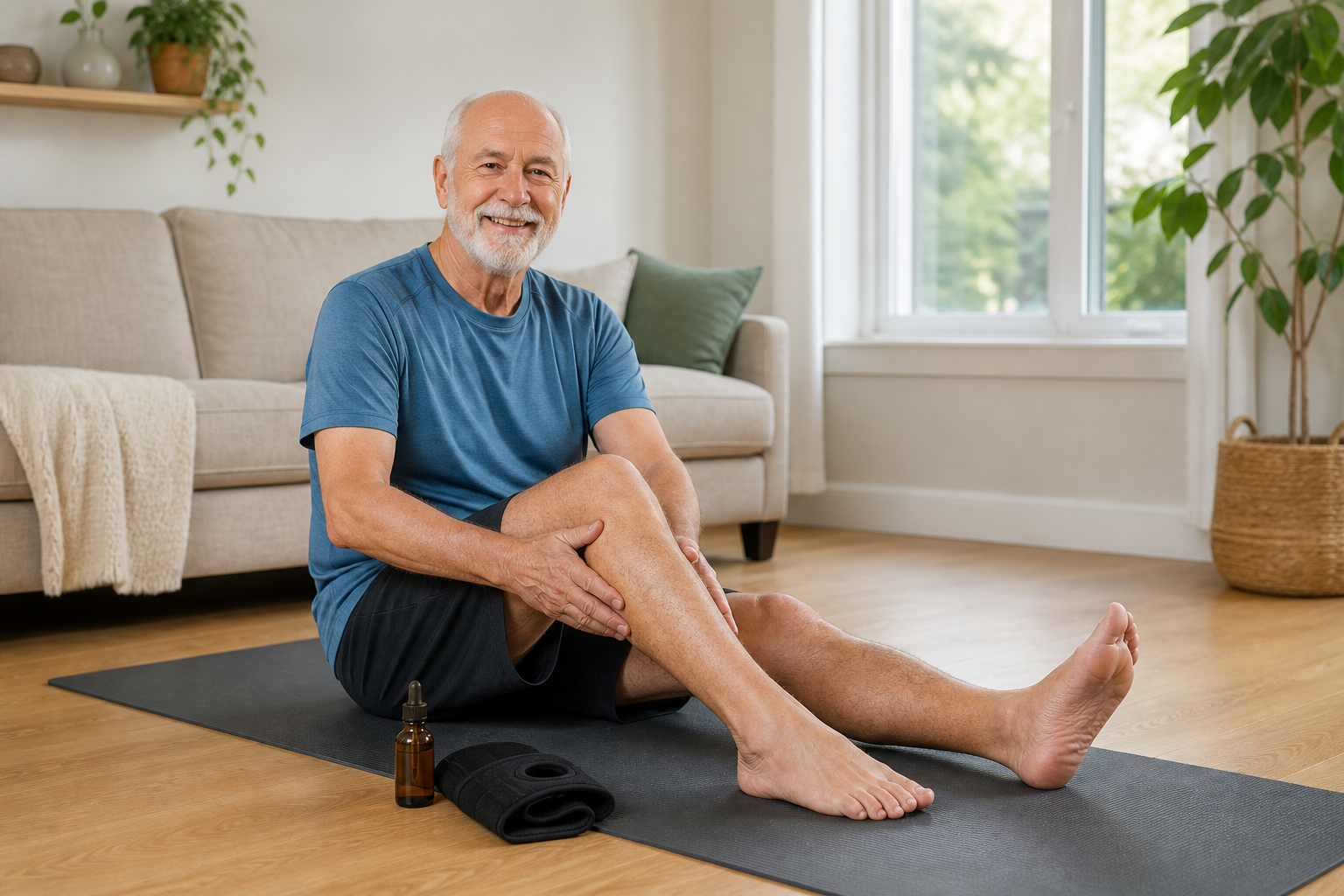 Elderly man stretching knee with CBD oil and knee brace nearby.