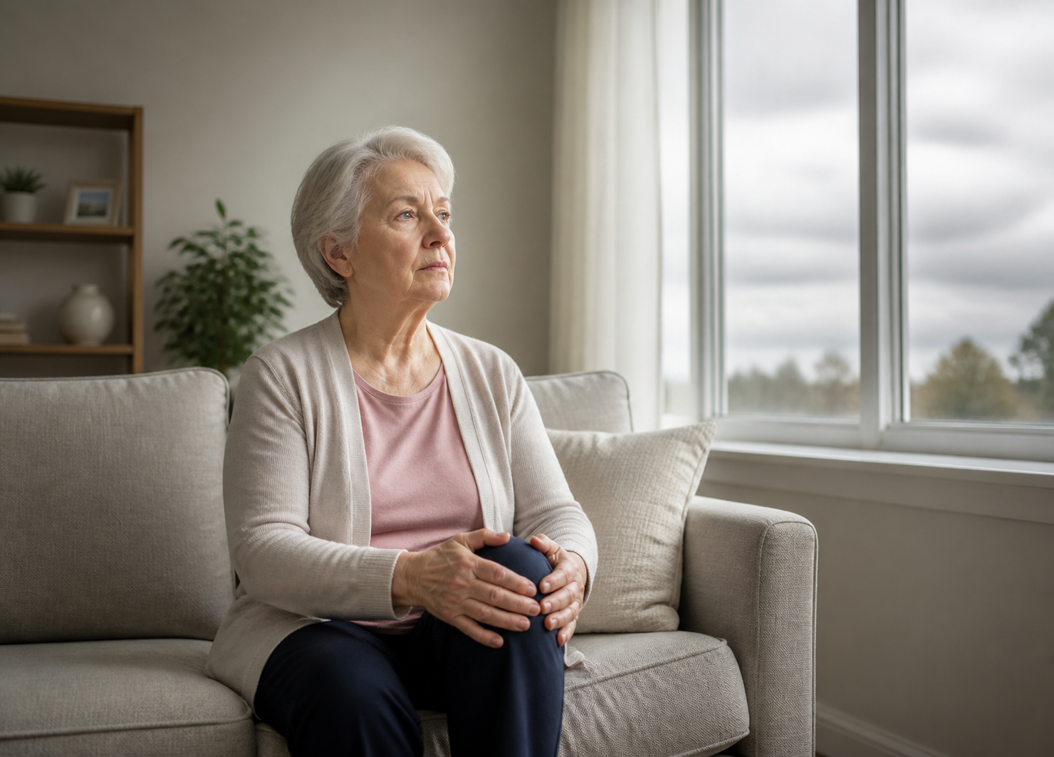 Older woman rubbing her knee indoors while looking at a cloudy sky