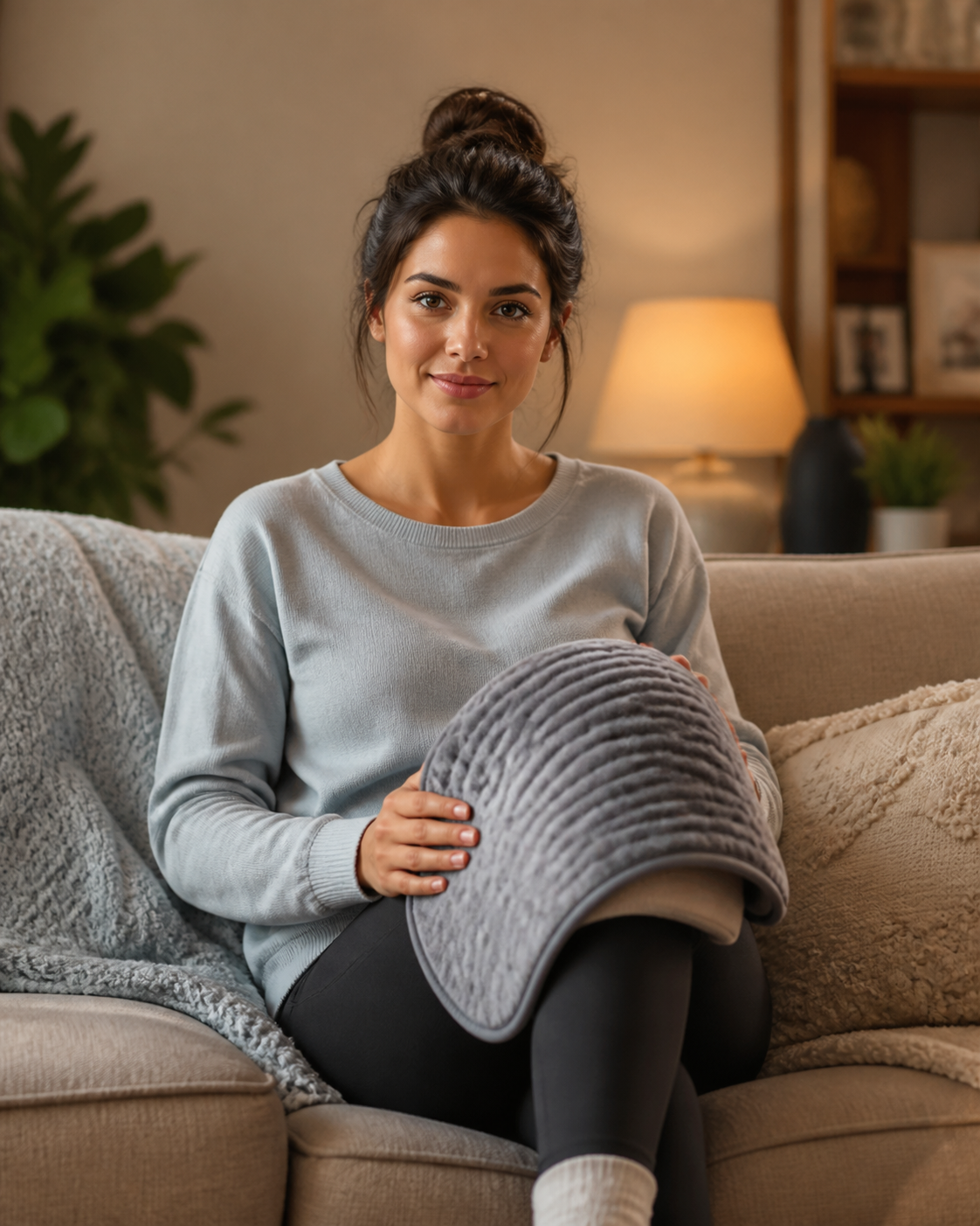 Hands holding heating pad over knee in cozy indoor setting