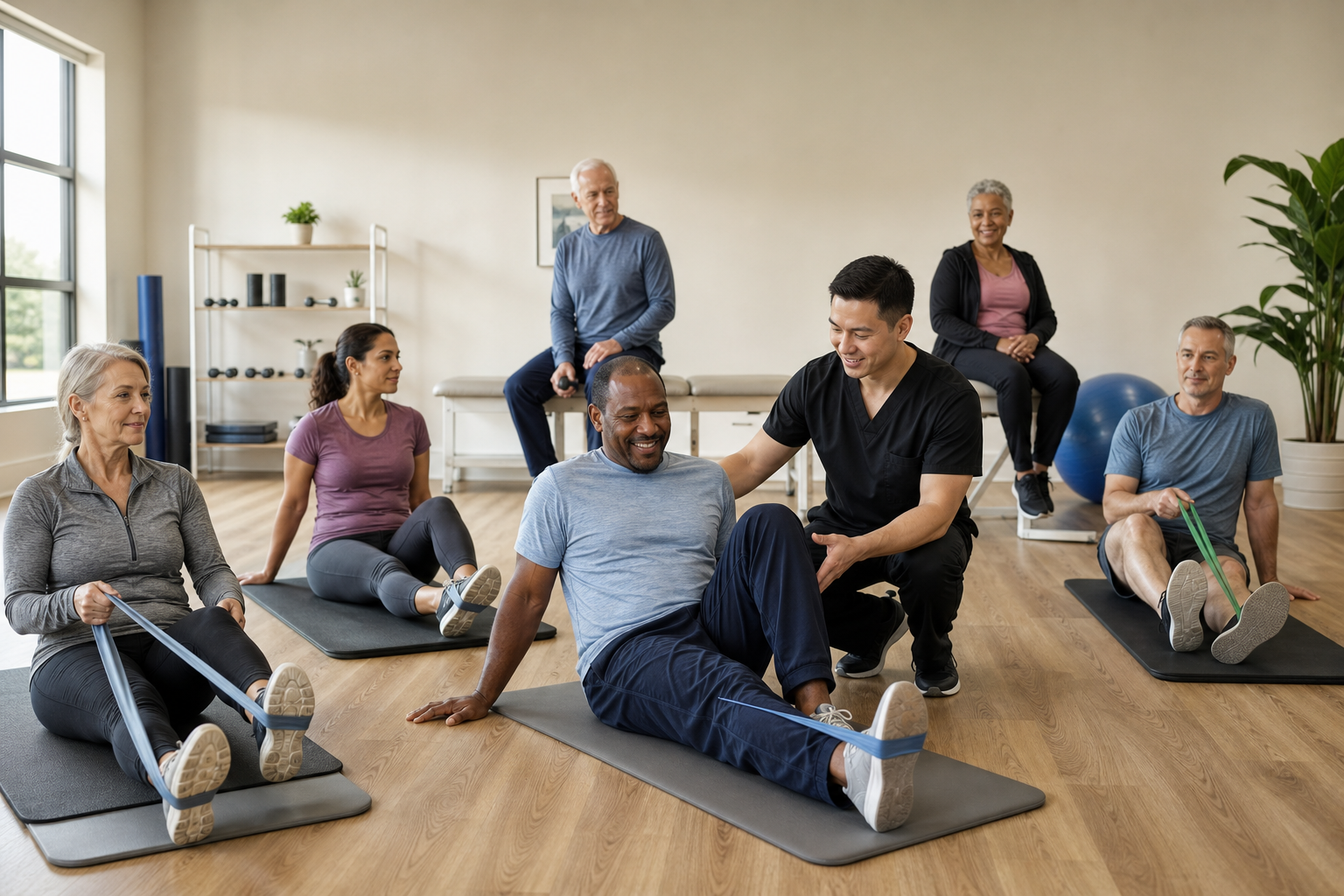 Group physical therapy session with adults doing knee exercises