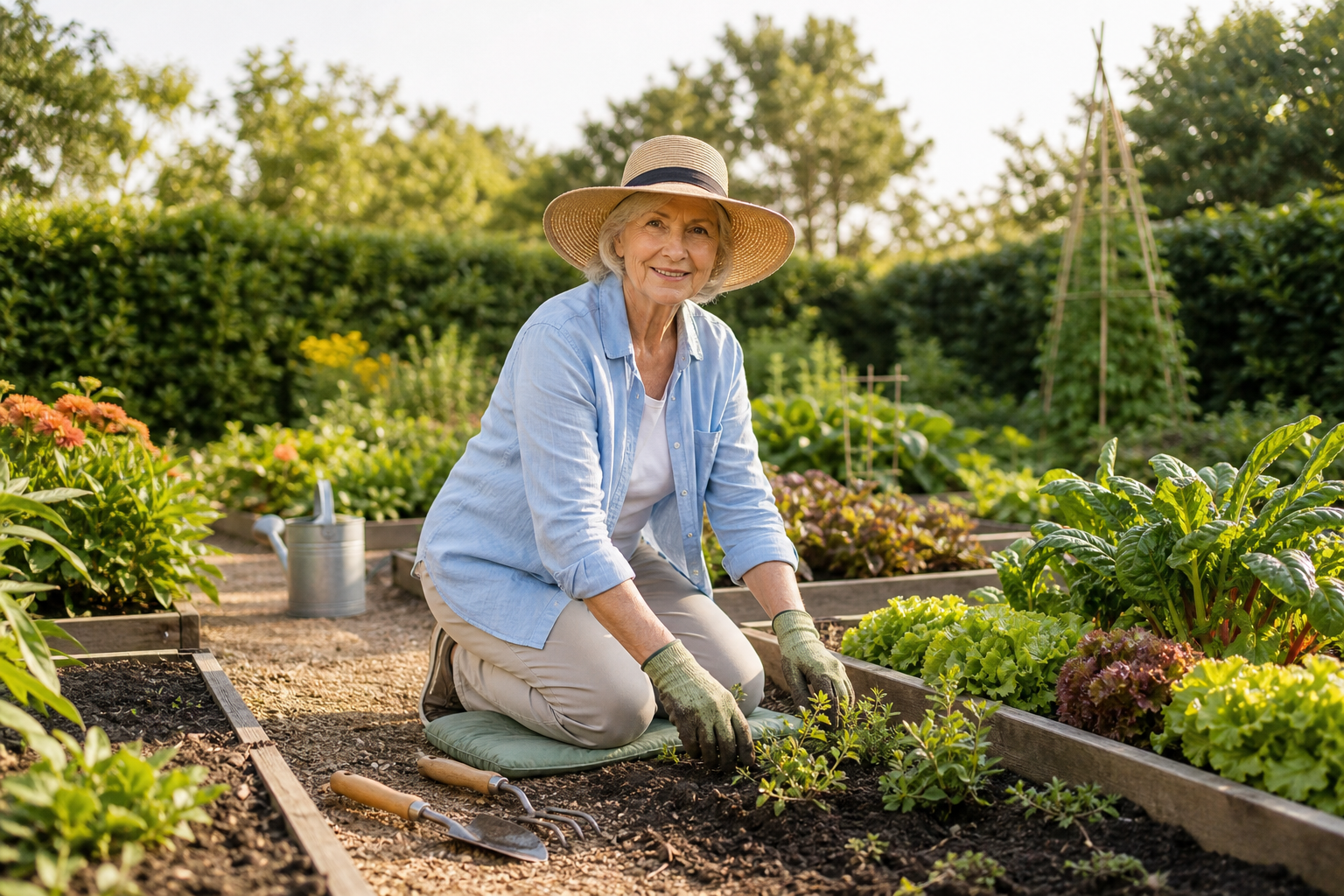 Older woman kneeling on a cushioned pad and gardening in a lush garden with raised beds