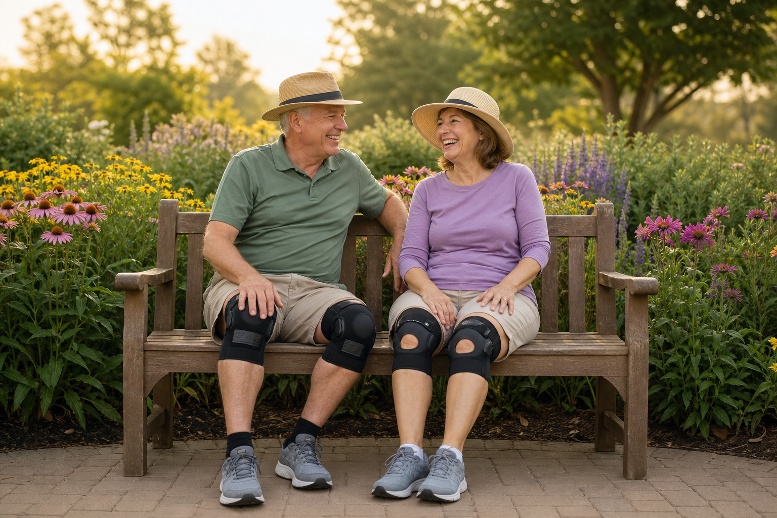 Man and woman with knee braces laughing on a garden bench near blooming flowers