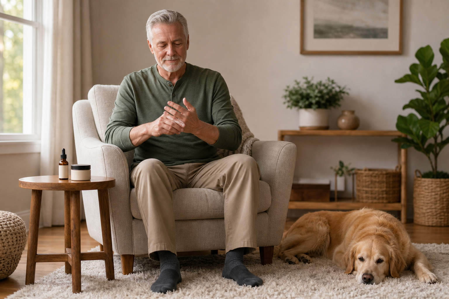 Older man using CBD cream for arthritis pain in his hands