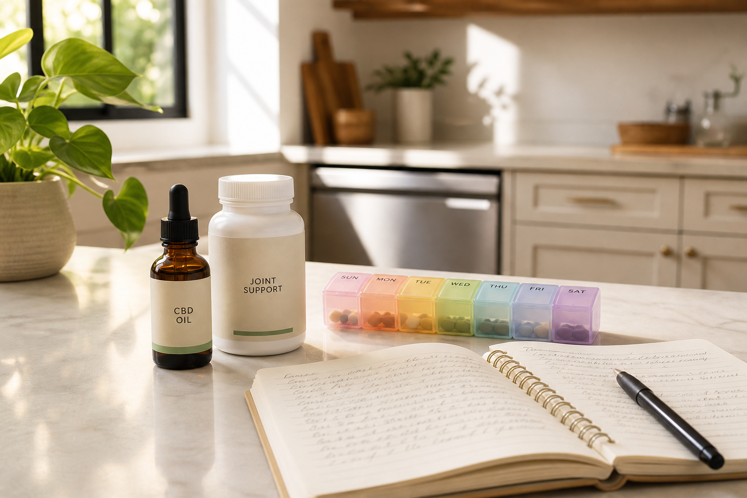 CBD oil and joint supplements on kitchen counter with pain diary