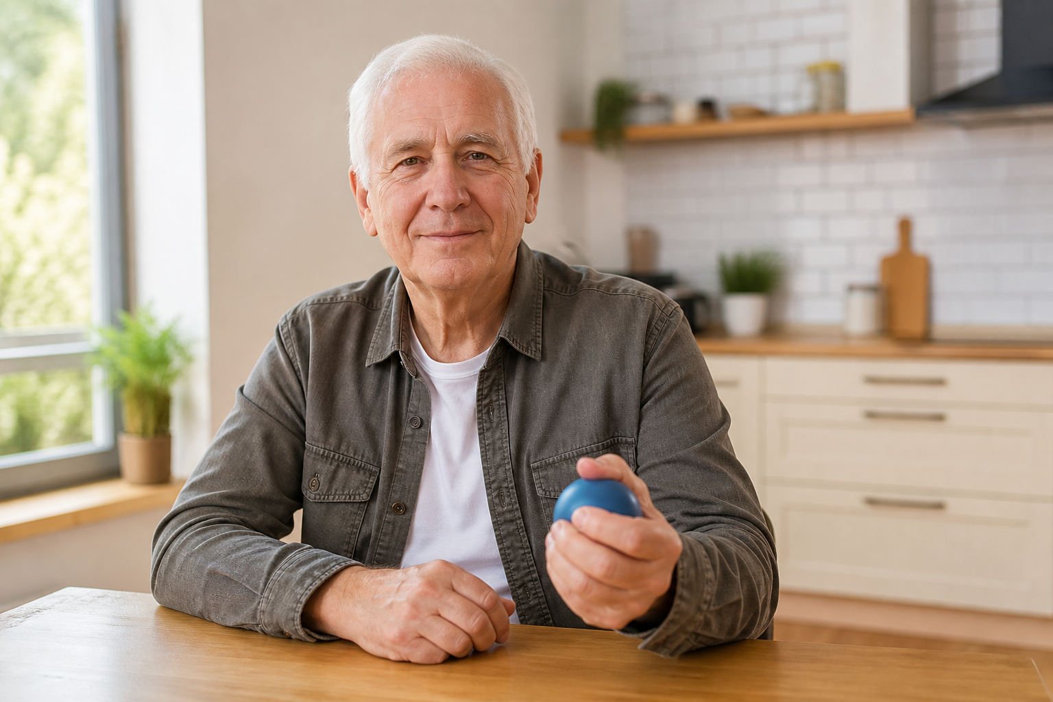 Squeezing a therapy ball for finger joint arthritis exercises