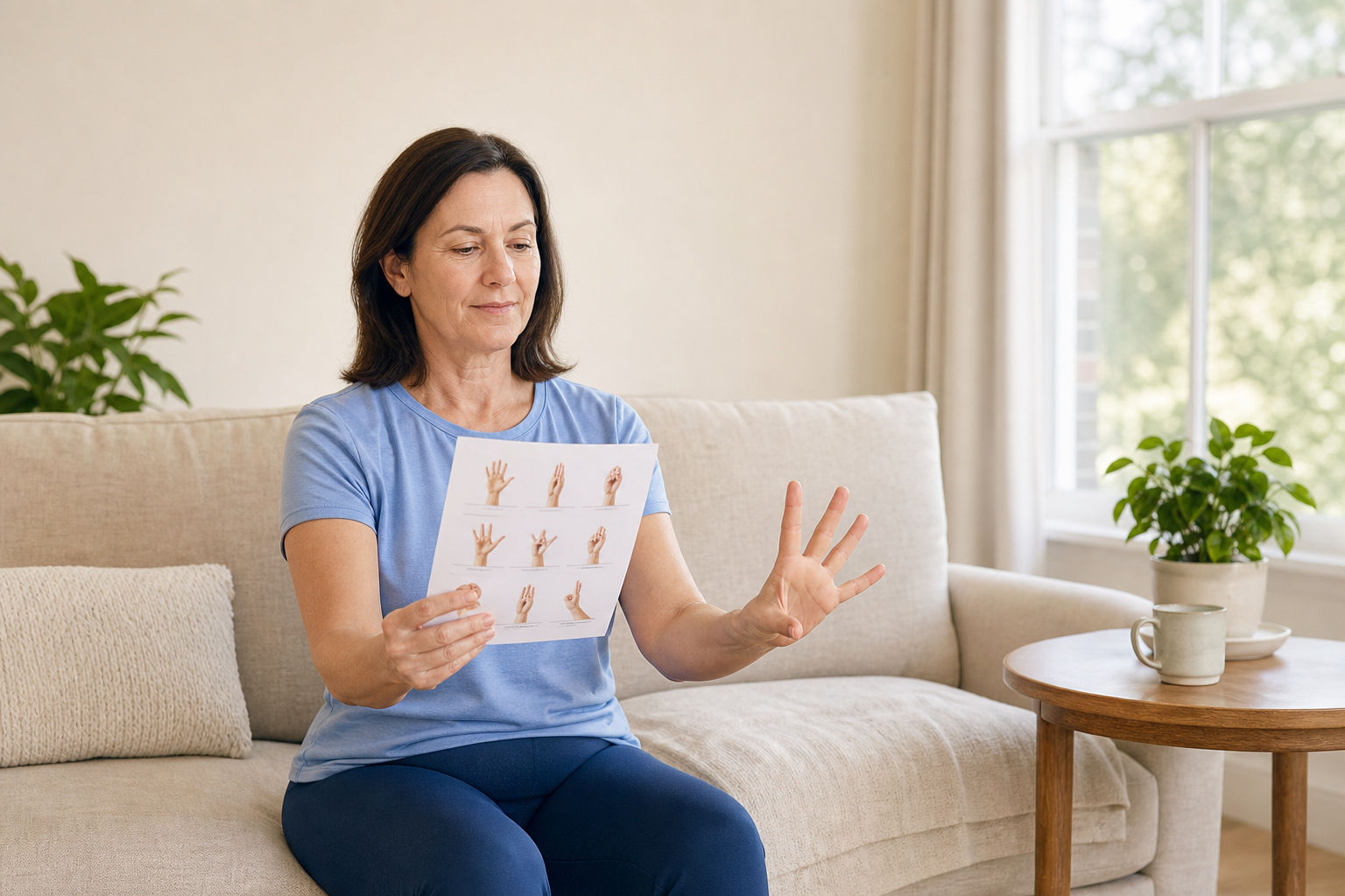 Woman stretching hands for finger joint arthritis with exercise guide