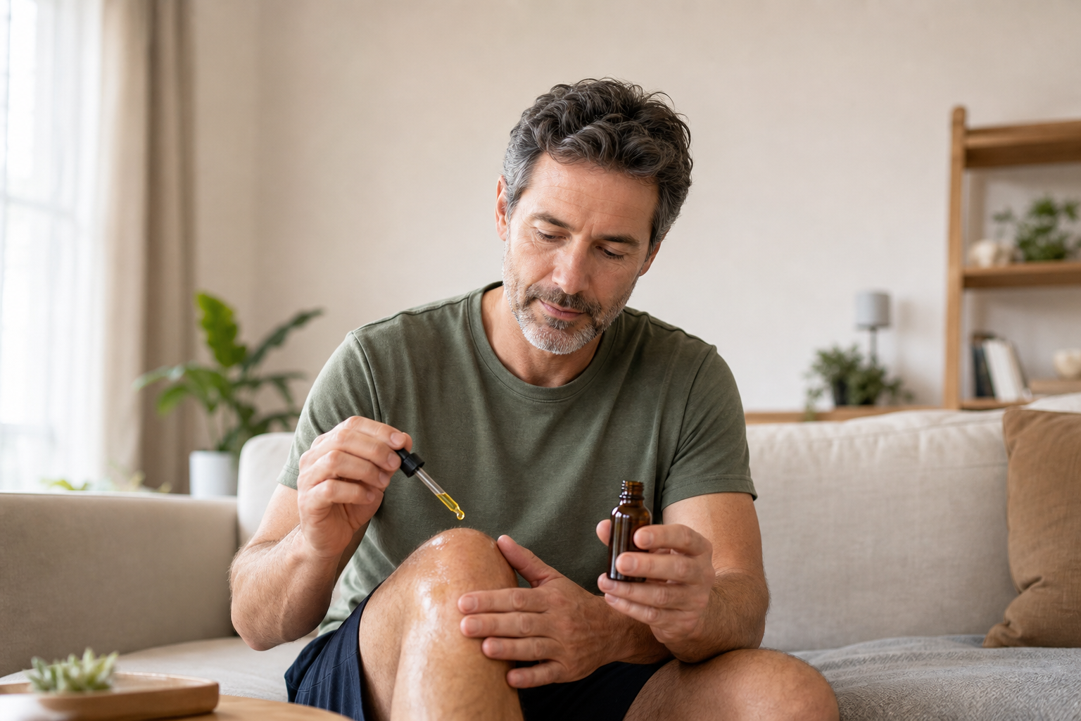 Hands applying CBD oil to swollen knee, CBD bottle in foreground