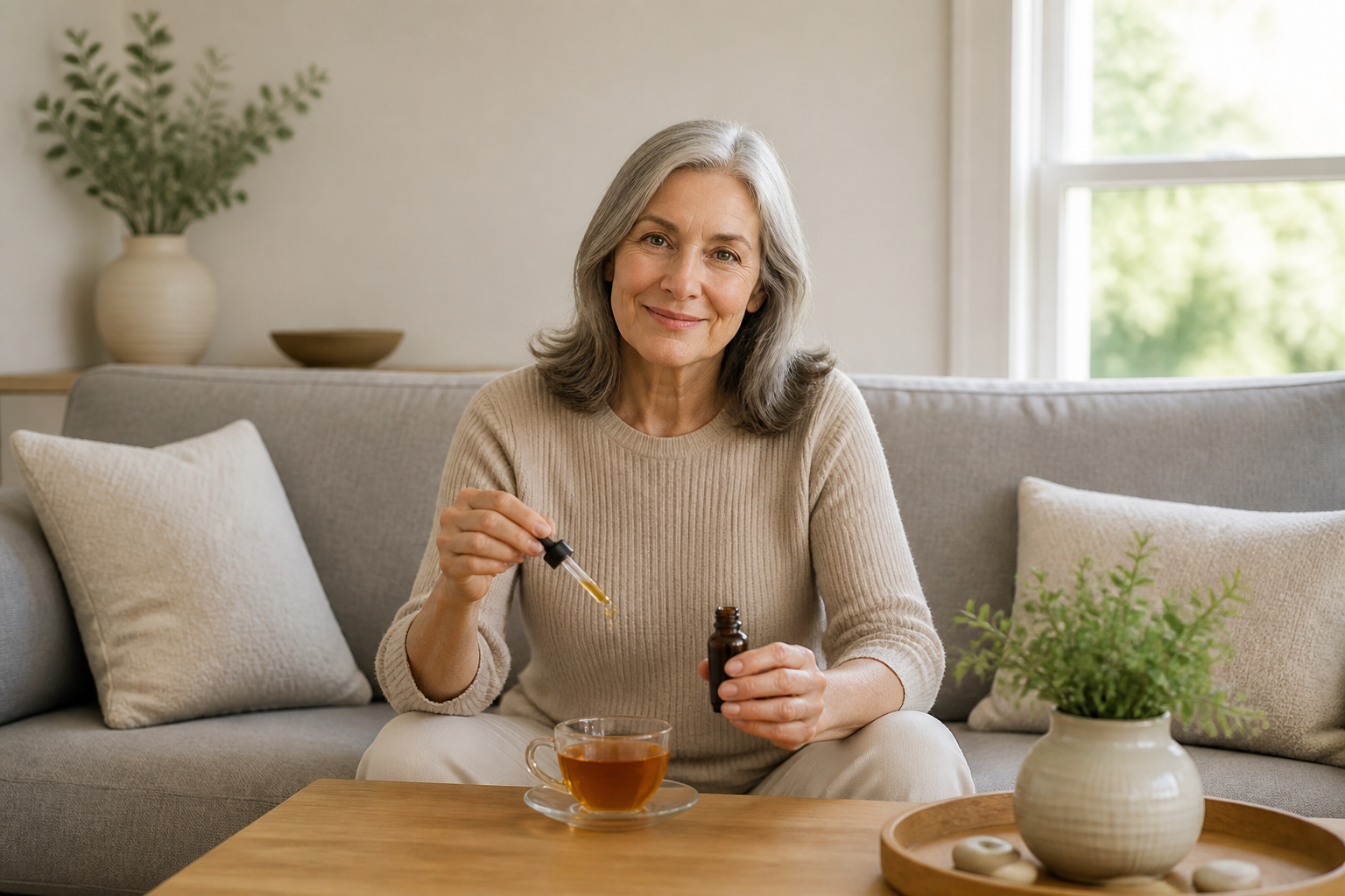 Older adult using CBD oil dropper over tea for joint pain