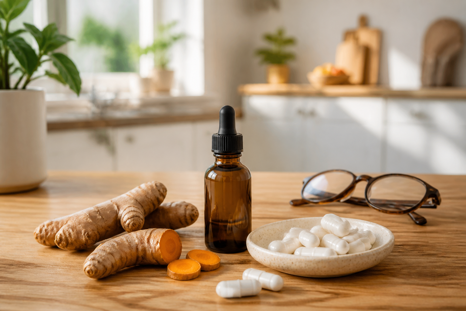CBD oil dropper bottle with turmeric, MSM capsules, and reading glasses