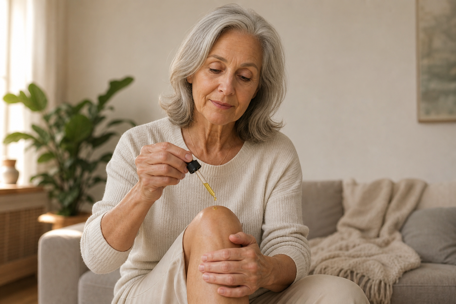 Older adult using CBD oil dropper on knee for joint pain relief.