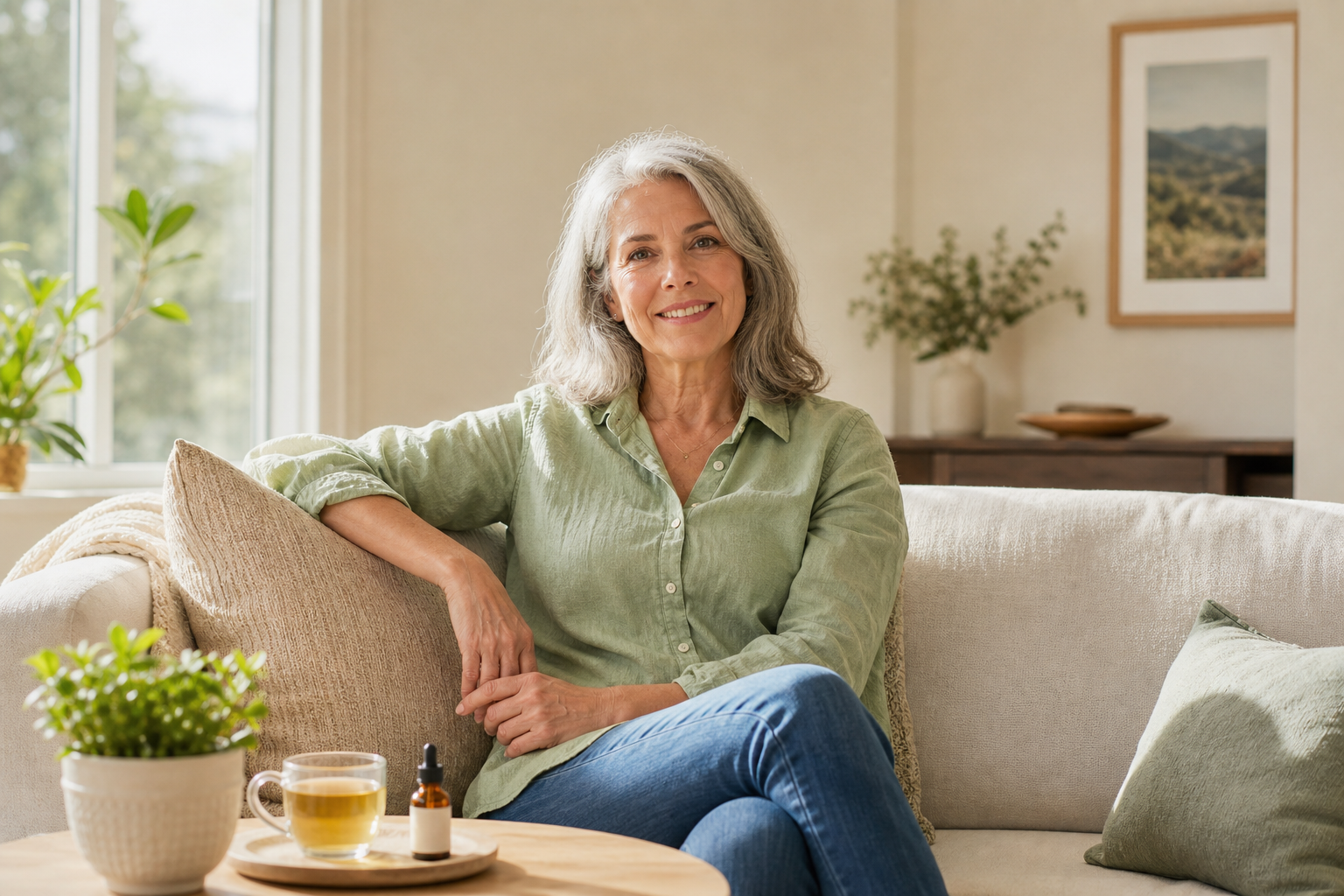Woman relaxing at home with CBD oil for joint pain on table.
