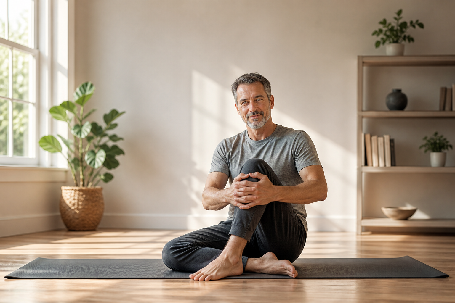Man stretching at home for joint relief, yoga mat and sunlight visible.