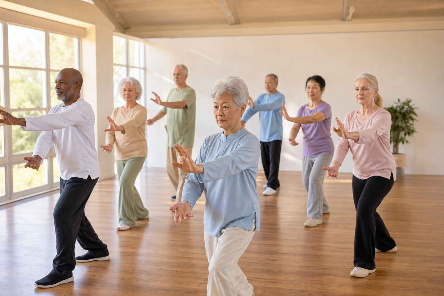 Older adults practicing tai chi in a bright room for better balance and arthritis relief