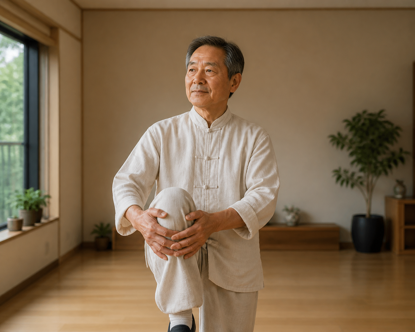 Senior holding knee during tai chi, highlighting knee arthritis and support