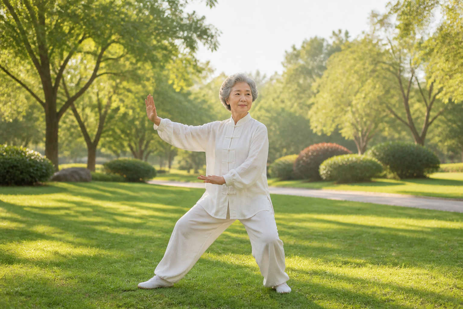 Older woman practicing tai chi in a park, looking confident and balanced