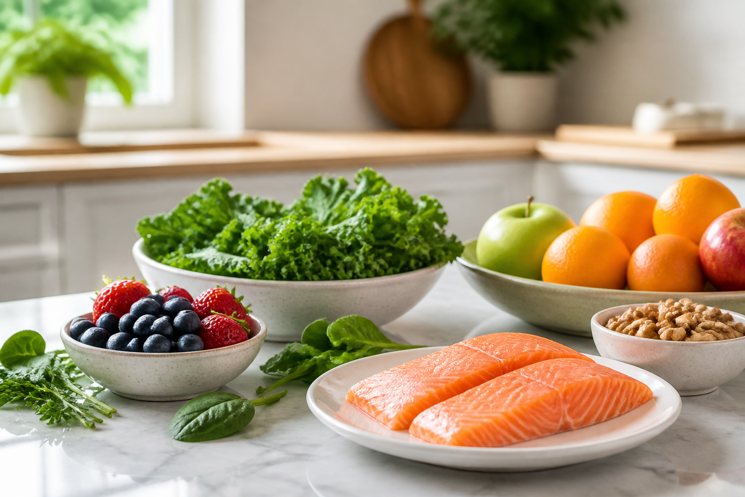 Salmon, greens, walnuts, and fruit on kitchen counter for joint health