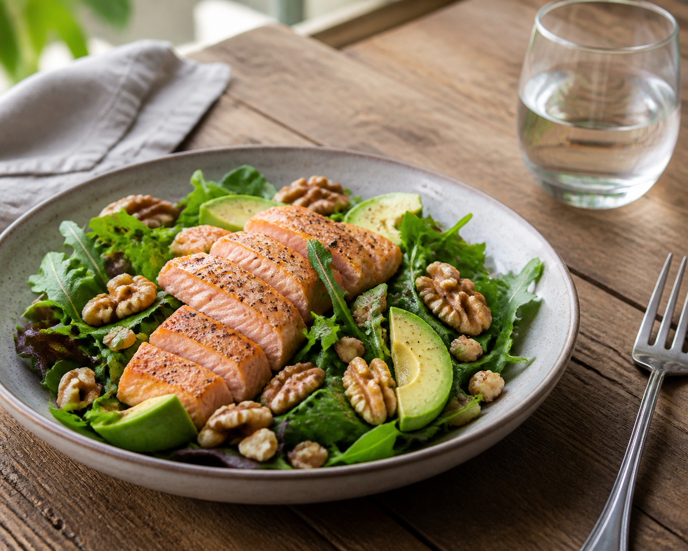 Salad with salmon, greens, avocado, and walnuts for cartilage repair