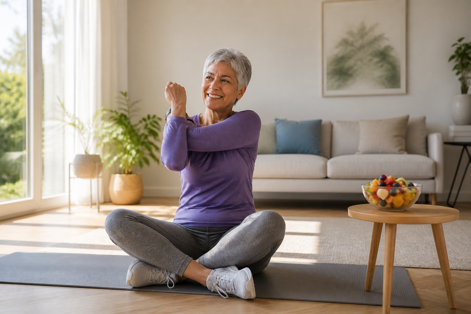 Older woman stretching with fruit salad nearby for healthy joints