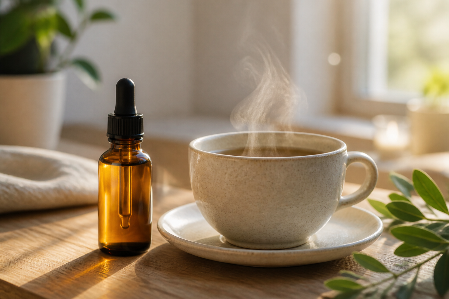 CBD oil dropper bottle with herbal tea on wood table