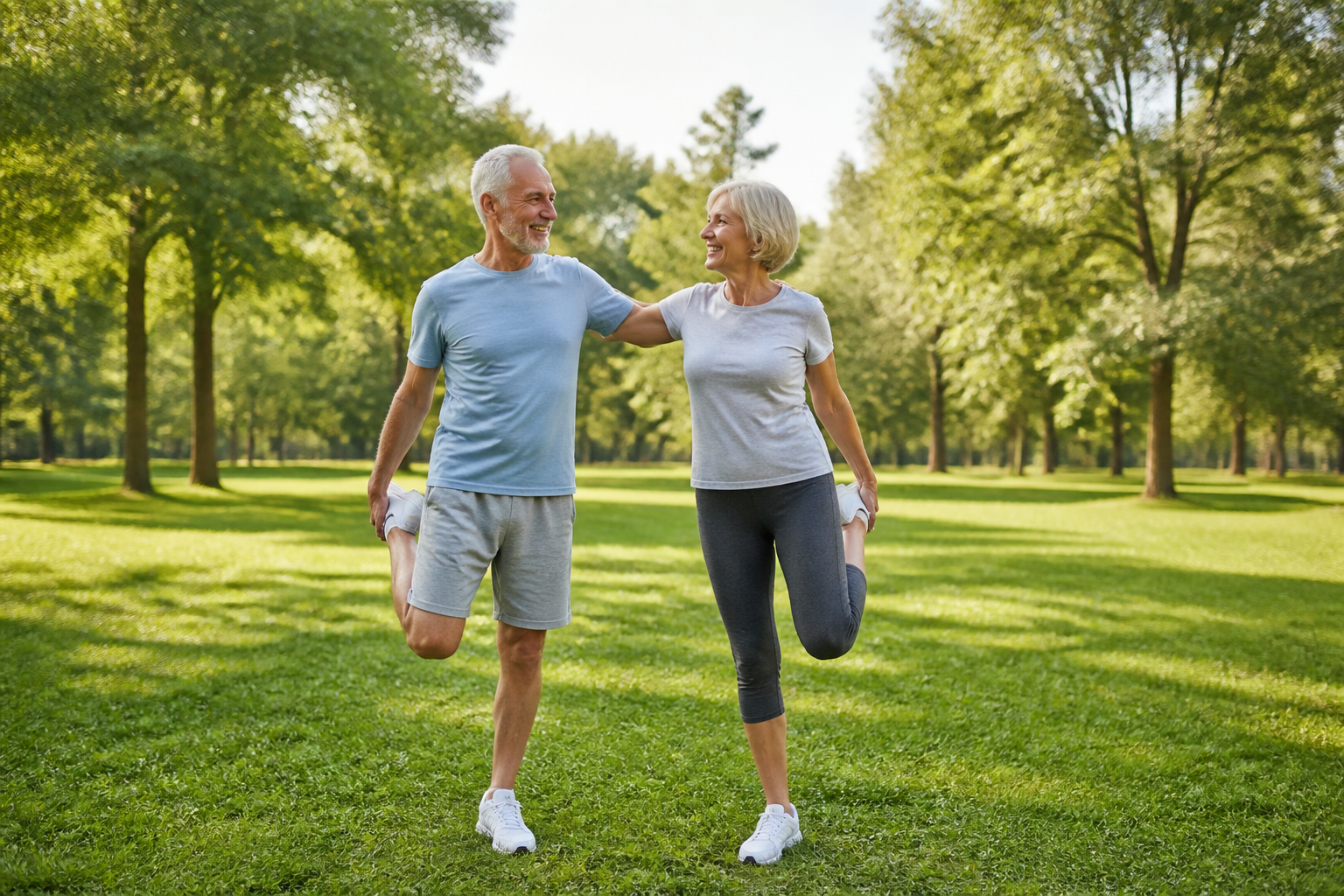 Seniors stretching in park with joint comfort