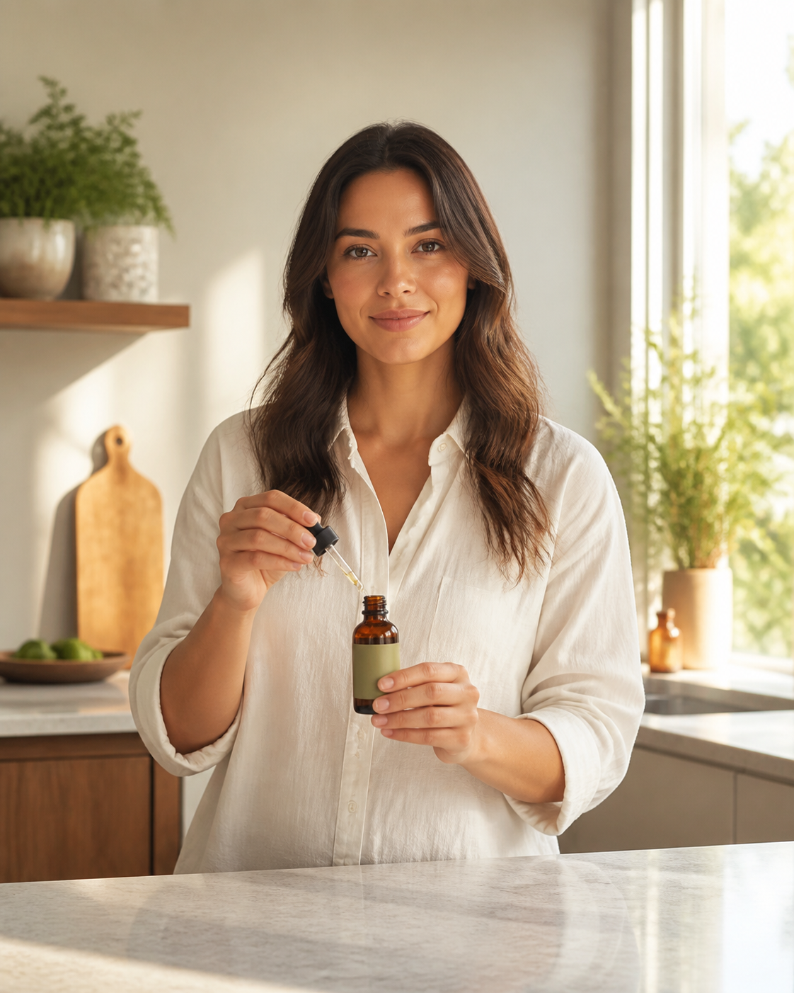 Hand holding CBD oil dropper bottle for joint pain in sunlit kitchen