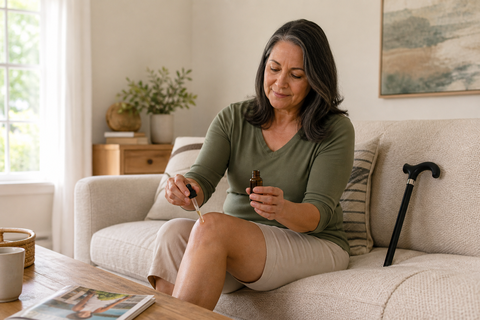 Woman using CBD oil on knee for pain relief in living room