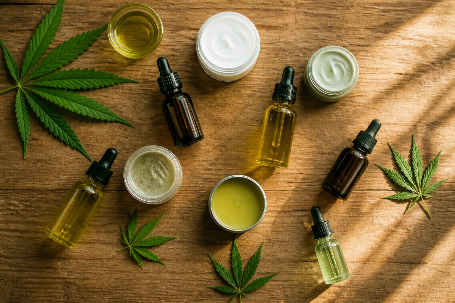 CBD oil and topical products with hemp leaves on wood table
