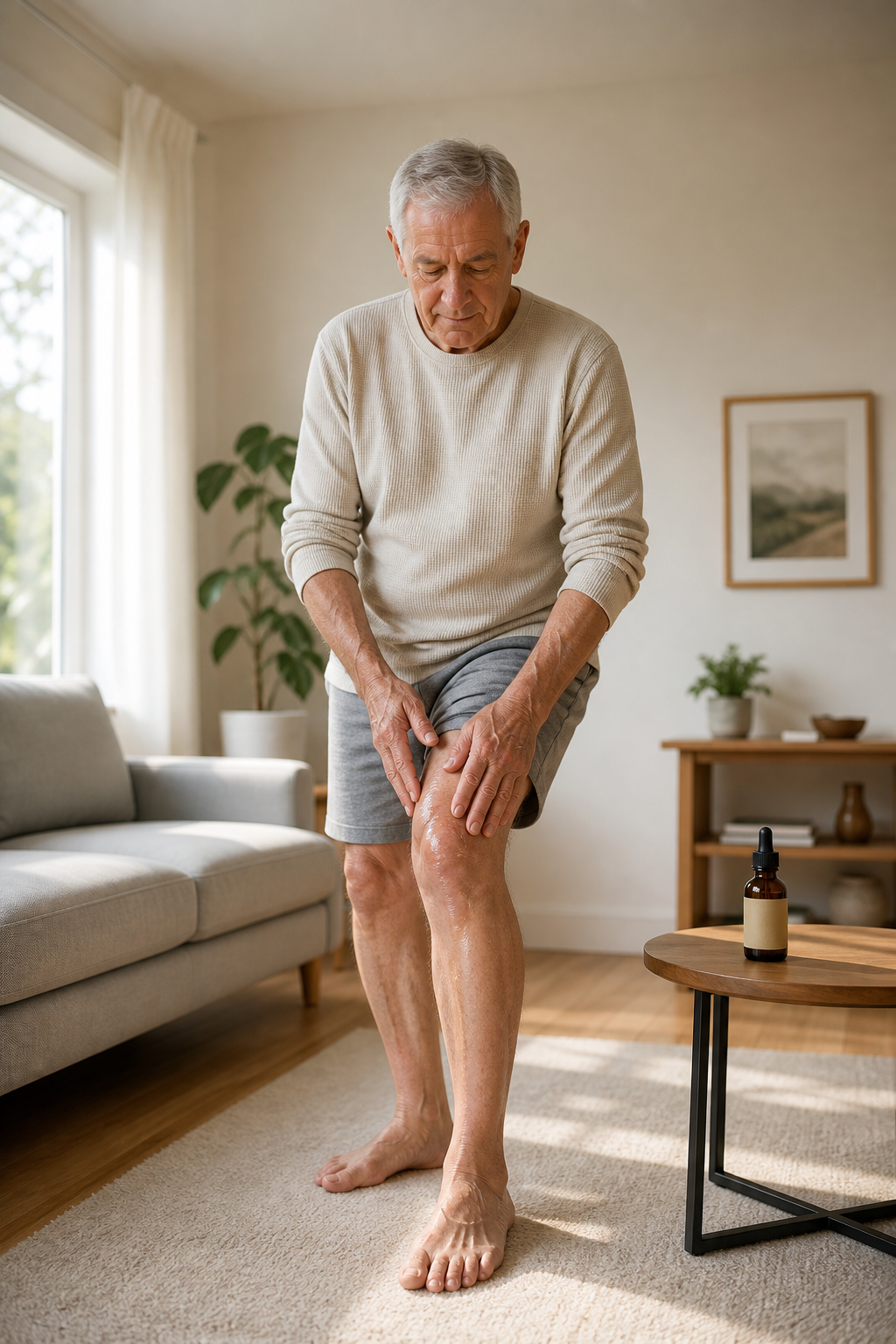 Man applying CBD oil to arthritic knee