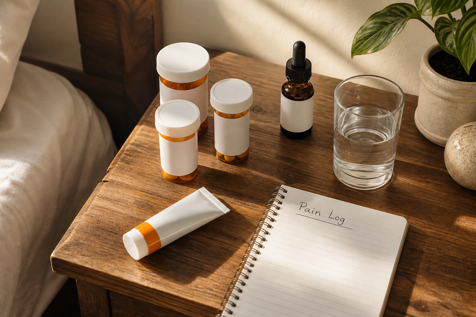 Nightstand with pain relief products including CBD oil