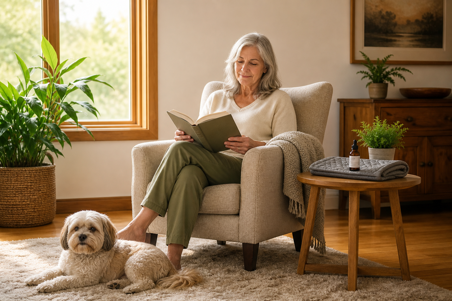 Older woman relaxing with CBD oil and heating pad nearby