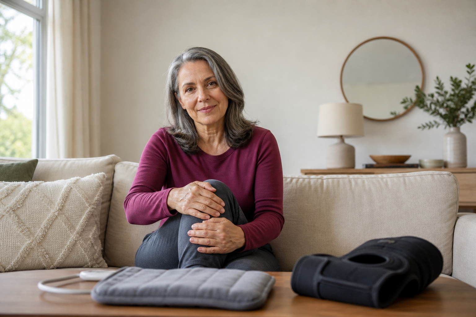 Woman at home using a heating pad and knee sleeve for joint pain