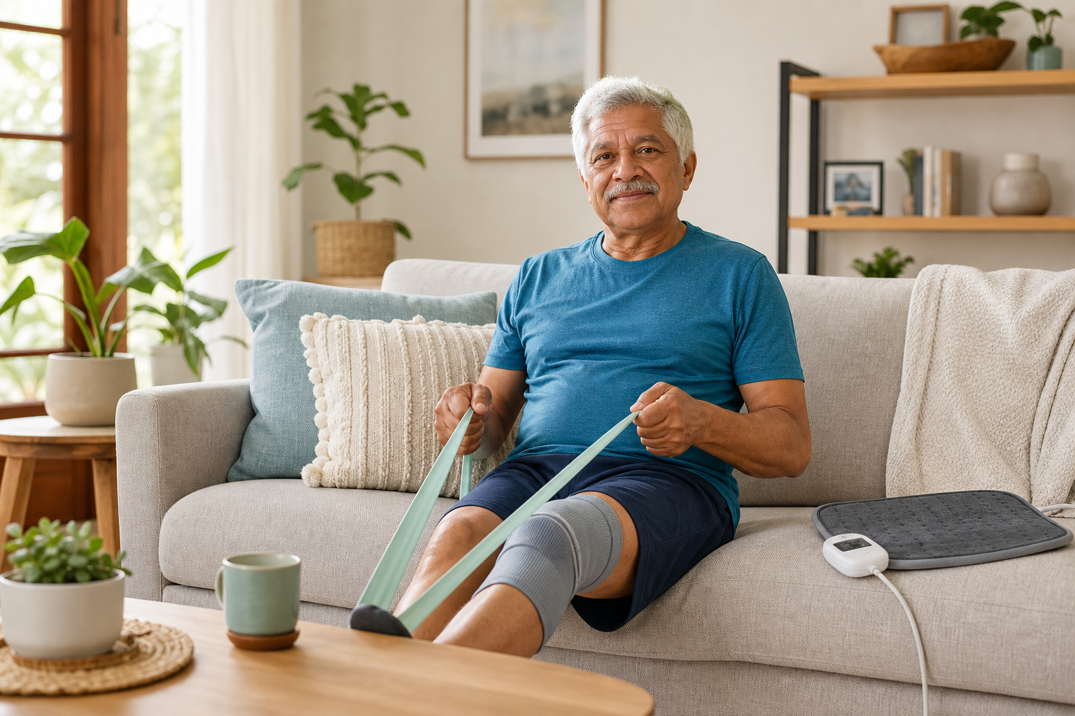 Older man exercising knee with resistance band and knee sleeve