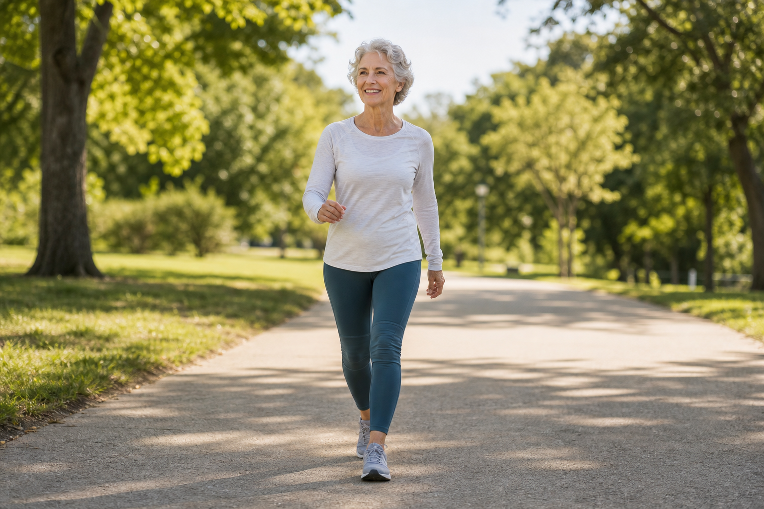 Active senior woman walking outdoors with knee sleeve support