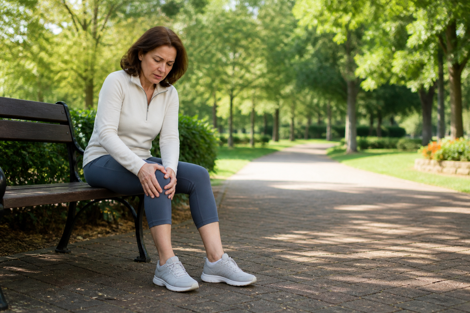 Woman massaging sore knee on park bench signaling early knee osteoarthritis