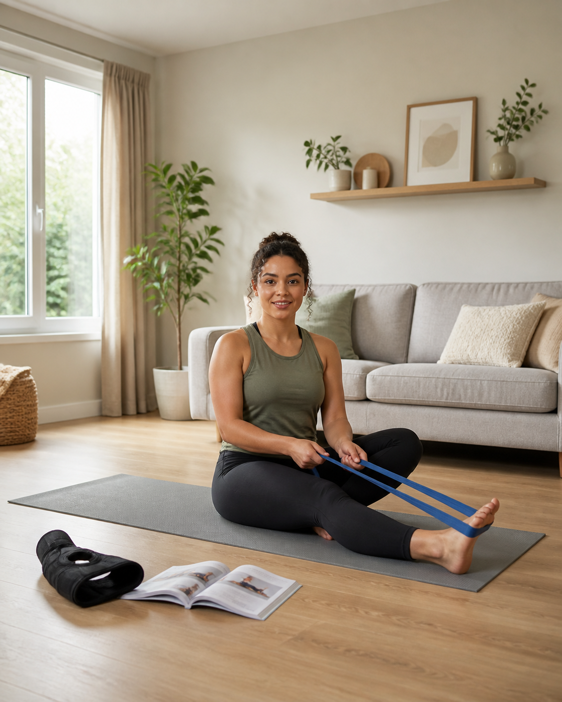Person doing knee exercises with brace and exercise guidebook at home