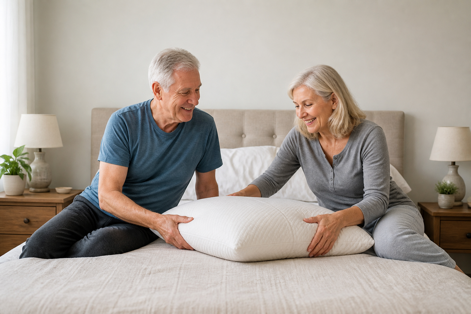 Older couple adjusting pillows for better sleep with hip and knee pain