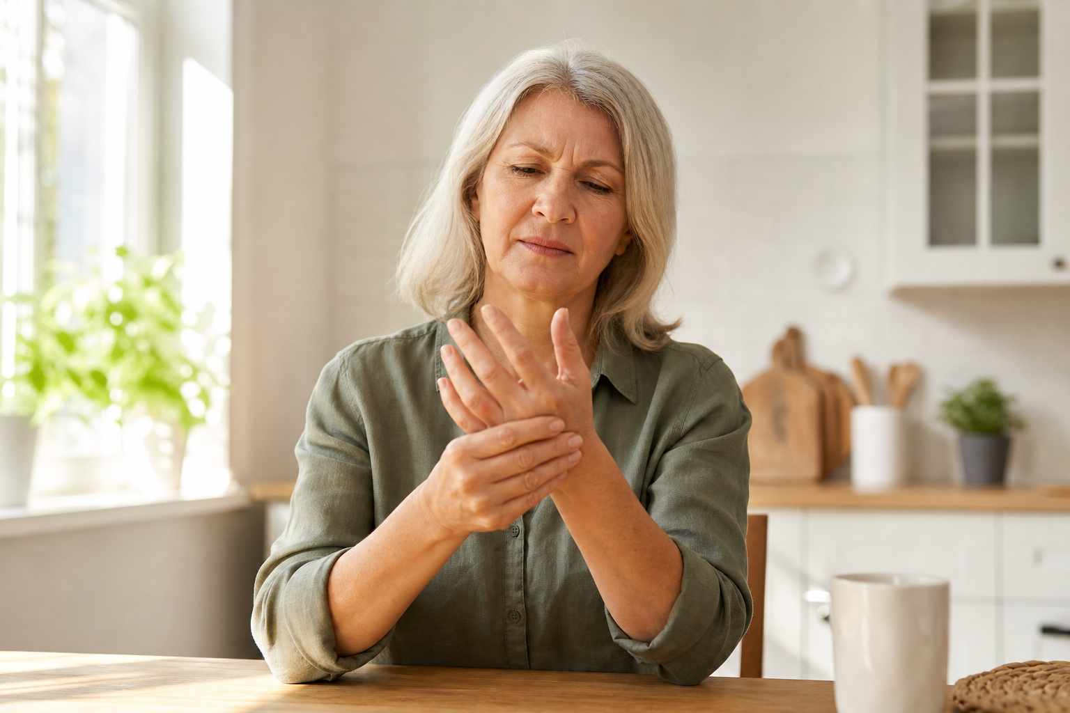 Older woman massaging swollen knuckles to relieve joint inflammation