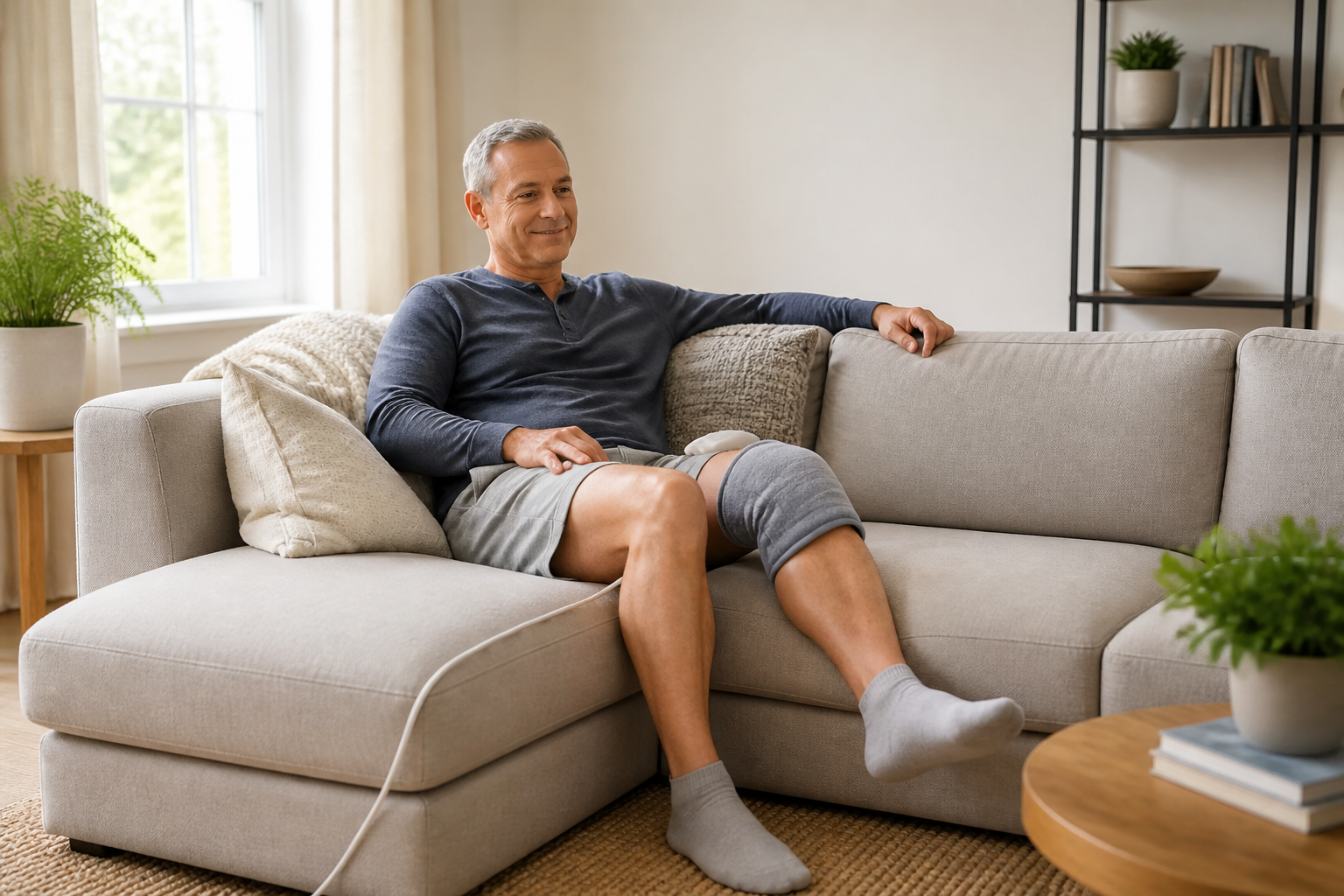 Man using heating pad for natural knee joint pain relief