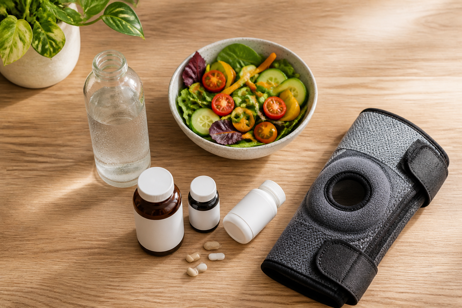 Healthy foods, supplements, and knee brace for natural joint inflammation relief