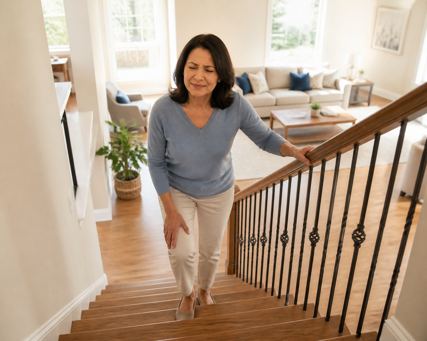 Woman with knee pain climbing stairs at home