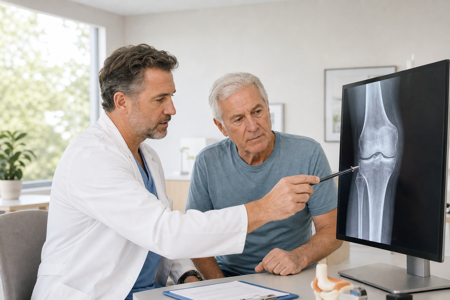 Doctor showing knee x-ray to patient in clinic