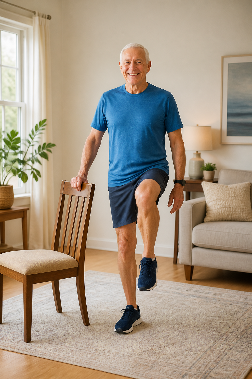 Older man performing quad exercises for knee strength at home