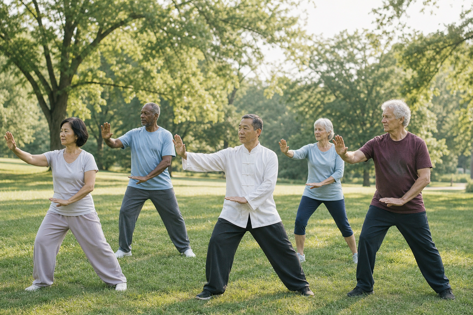 Older adults practicing tai chi outdoors for arthritis and balance