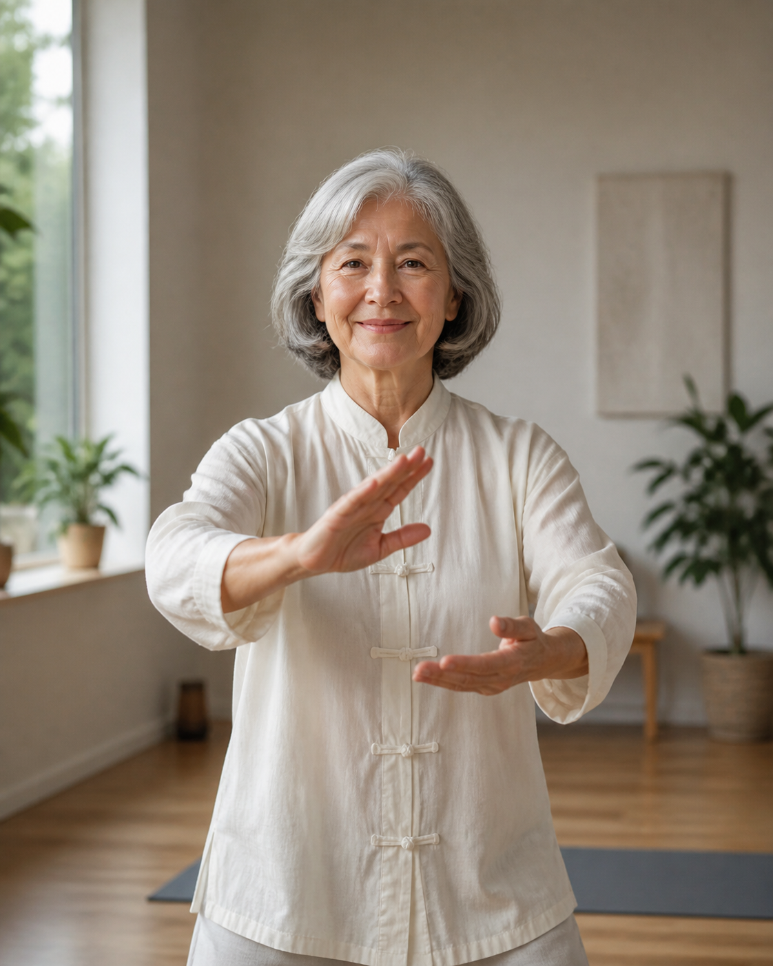 Smiling woman practicing tai chi for arthritis relief