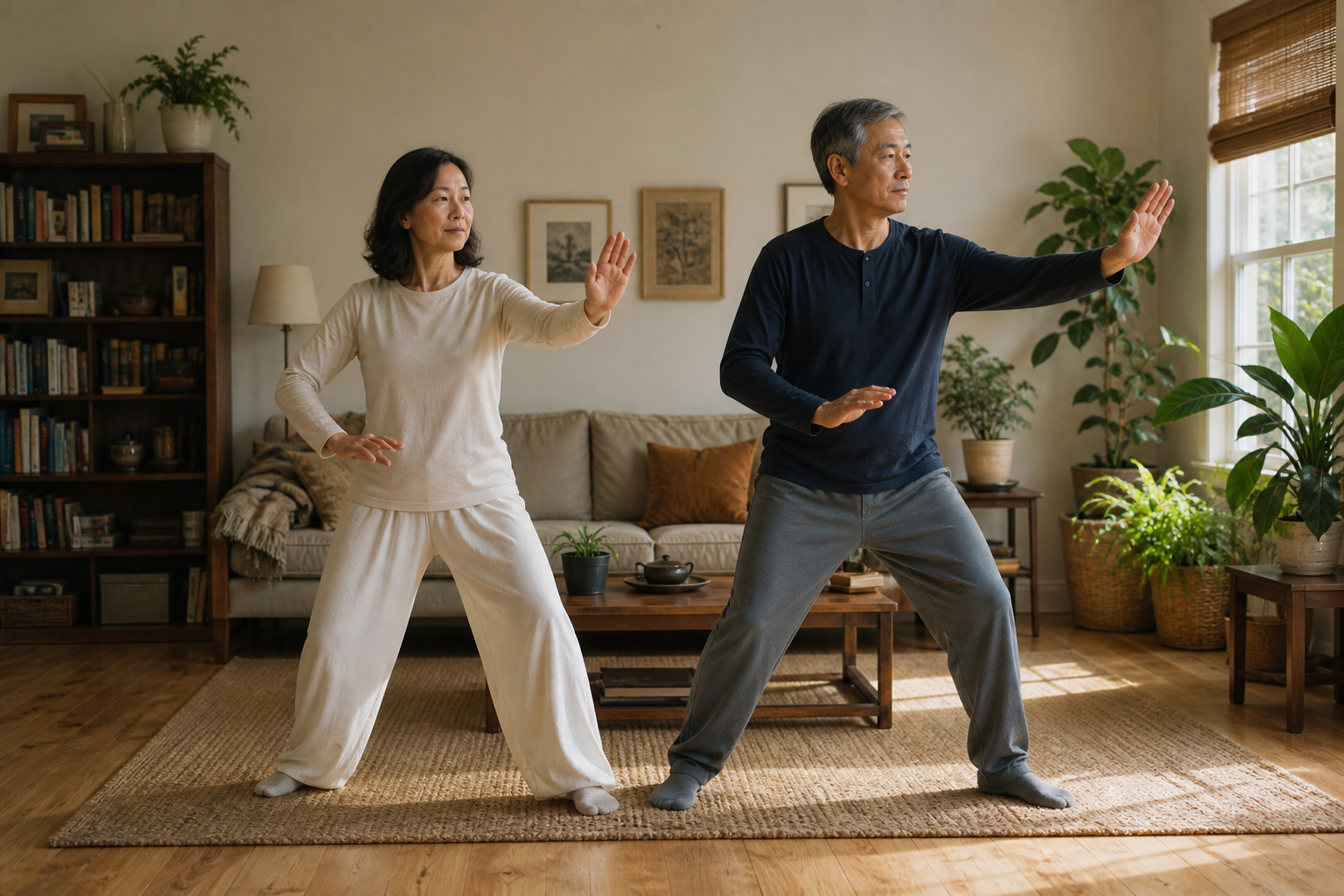 Couple practicing tai chi at home for joint pain and balance